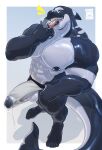 anthro aquatic big_bulge big_muscles big_pecs big_penis black_body black_skin bodily_fluids bulge cetacean clothed clothing detailed_bulge dolphin dripping fin genital_fluids genital_outline genitals gesture head_fin hi_res huge_pecs huge_penis jockstrap jockstrap_only makebork male mammal muscular oceanic_dolphin orca pecs penis penis_outline precum precum_drip precum_through_jockstrap saliva sharp_teeth solo suggestive suggestive_gesture tail tail_fin teeth tongue tongue_out toothed_whale topless underwear underwear_only