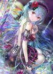  1girl absurdres backless_dress backless_outfit blue_hair breasts commentary_request dress frilled_dress frilled_hairband frills hair_between_eyes hairband high_heels highres kneeling long_hair looking_at_viewer medium_breasts ogata_tei original red_eyes signature solo water wings 