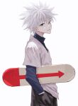  1boy arrow_(symbol) blue_eyes cat_helper eyelashes grey_background grey_hair hand_in_pocket hatching_(texture) highres hunter_x_hunter killua_zoldyck light_blue_eyes looking_at_viewer male_focus parted_lips simple_background skateboard solo turtleneck 