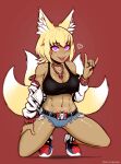  1girl abs animal_ear_fluff animal_ears bare_shoulders belt blonde_hair breasts character_request copyright_request dark_skin fangs fox_ears fox_girl fox_shadow_puppet fox_tail frenchthenhen heart highres jewelry looking_at_viewer midriff purple_eyes red_background ring shoes simple_background sneakers solo squatting tail tongue tongue_out 
