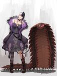  1girl absurdres arms_behind_back arthropod black_boots black_choker black_coat black_dress black_hair black_thighhighs boots bow breasts bug choker cleavage closed_mouth coat dress highres hololive hololive_english large_breasts long_hair looking_at_viewer mairu_(myru263) multicolored_hair oversized_bug pink_bow shiori_novella shiori_novella_(1st_costume) single_thighhigh smile split-color_hair standing thighhighs two-tone_hair virtual_youtuber white_hair yellow_eyes 