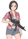  1girl black_hair blue_shorts cowboy_shot denim denim_shorts green_eyes gun h&amp;k_mp5 hair_ornament hairclip highres holding holding_weapon original red_shirt shirt short_hair short_sleeves shorts simple_background solo submachine_gun trigger_discipline unbuttoned unbuttoned_shirt waruzamurai weapon white_background white_shirt 