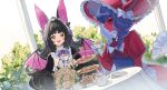  2girls animal_ears bat_ears bat_girl bat_wings black_dress black_hair black_sclera blue_hair colored_sclera colored_skin cup digimon digimon_(creature) dress flower hat highres horns indie_virtual_youtuber lamiamon long_hair monster_girl moriko_kyoho mugripley multiple_girls open_mouth pink_skin red_dress rose smile teacup teapot very_long_hair virtual_youtuber wings yellow_eyes 