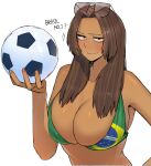  1girl ball bangs bikini blush brazilian_flag_bikini brazilian_flag_print breasts cleavage dark-skinned_female dark_skin eyewear_on_head flag_print large_breasts long_hair looking_at_viewer ohasi original simple_background smile soccer_ball solo sunglasses swimsuit white_background 