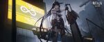  1girl animal_ears arknights black_gloves black_hair blaze_(arknights) blue_eyes chinese_commentary closed_mouth clothes_writing cloud commentary_request copyright_name cowboy_shot crane_(machine) gloves highres holding holding_weapon jacket kieed long_hair looking_at_viewer outdoors pouch rhine_lab_logo screen simple_bird solo standing thigh_strap weapon white_jacket 