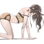  1girl absurdres ahoge all_fours aqua_eyes arched_back blush breasts brown_hair camisole commentary dolphin_shorts english_commentary feet_out_of_frame frilled_camisole frills from_side hair_ornament hair_scrunchie highres hololive long_hair looking_at_viewer midriff natsuiro_matsuri natsuiro_matsuri_(matsuri's_day_off) navel official_alternate_costume orange_shorts profile scarlet_(wv0102) scrunchie shadow short_shorts shorts side_ponytail sidelocks sideways_glance simple_background small_breasts smile solo spaghetti_strap strap_slip virtual_youtuber white_background yellow_camisole yellow_scrunchie 
