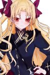 1girl absurdres black_dress blonde_hair blush closed_mouth commentary_request dress earrings ereshkigal_(fate) ereshkigal_(third_ascension)_(fate) fate/grand_order fate_(series) hair_ribbon highres infinity_symbol jewelry long_hair long_sleeves looking_at_viewer parted_bangs red_eyes red_ribbon ribbon skull skull_ornament solo spine sushi_173k tiara two_side_up very_long_hair 