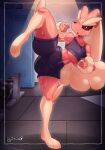 absurd_res anthro arm_tuft big_breasts big_ears black_bottomwear black_clothing black_shorts black_topwear bodily_fluids bottomwear breasts brown_body brown_fur brown_nose brown_sclera bunnemilk butt butt_from_the_front clothing eyelashes female floppy_ears fur generation_4_pokemon hi_res long_ears looking_at_viewer lop_ears lopunny muscular muscular_female navel nintendo on_one_leg pokemon pokemon_(species) red_eyes shorts solo standing sweat tan_body tan_fur thick_thighs topwear tuft under_boob wide_hips wrist_tuft