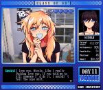  2girls affection_meter bare_shoulders black_hair black_shirt blonde_hair blue_eyes blush character_name class_of_09 closed_mouth collarbone commentary dialogue_options emily_(class_of_09) english_commentary english_text guitar hair_over_shoulder hand_on_own_wrist heart heart_in_eye highres indoors instrument kiminkiis long_hair looking_at_viewer multiple_girls nicole_(class_of_09) open_mouth options pixel_art pixel_text portrait poster_(object) score shirt short_sleeves symbol_in_eye upper_body video_game_dialogue_box visual_novel window window_blinds 