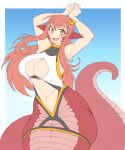  1girl :d armpits arms_up blush breasts cleavage_cutout clothing_cutout fang flat_color hair_ornament hairclip highres kittenboogers lamia long_hair miia_(monster_musume) monster_girl monster_musume_no_iru_nichijou navel open_mouth pointy_ears red_hair revealing_clothes slit_pupils smile solo tail yellow_eyes 