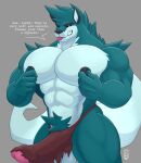  2022 abs anthro balls biceps big_muscles big_nipples black_nose blue_body blue_fur bottomwear canid canine canis clothed clothing dialogue digital_media_(artwork) english_text eyebrows fur genitals glans grey_background head_tuft hi_res loincloth looking_at_viewer male mammal muscular muscular_anthro muscular_male nipple_fetish nipple_pinch nipple_play nipples one_eye_closed pecs penis pinch simple_background small_on_top solard0gg0 solo talking_to_viewer text tongue tongue_out topless tuft wolf wulfrick 