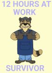  2025 anthro apron black_ears black_hair black_hand bodily_fluids bottomwear canid canine clothed clothing eyebrows eyes_always_closed eyes_closed fur gesture hair hand_gesture hi_res male male_anthro mammal p_rindustries p_rindustries_(p_rindustries) pants raccoon_dog shirt shoeless simple_background smile solo stubble sweat tan_background tan_body tan_fur tanuki text thumbs_up tired topwear 
