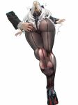  1boy 1girl absurdres agaver123 ass black_jacket black_pantyhose black_unitard bodystocking commentary_request facing_away from_below groping hair_ornament hand_on_another's_ass highres jacket long_hair long_sleeves official_alternate_costume pantyhose simple_background underbutt white_background white_hair yixuan_(trails_of_ink)_(zenless_zone_zero) yixuan_(zenless_zone_zero) zenless_zone_zero 