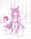  2girls alternate_costume animal_ears blush breasts closed_mouth commentary_request dress gloves hat highres holding holding_syringe inaba_tewi long_hair looking_at_viewer mochigumo monochrome multiple_girls nurse nurse_cap rabbit_ears rabbit_girl reisen_udongein_inaba reisen_udongein_inaba_(student_of_a_renowned_doctor) short_sleeves sitting small_breasts smile solo_focus syringe thighhighs touhou touhou_lostword very_long_hair 
