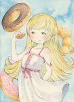  1girl absurdres bare_shoulders blonde_hair blush colored_pencil_(medium) commentary_request donut dress fang flat_chest food highres long_hair looking_at_viewer monogatari_(series) oshino_shinobu pointy_ears sato_(osappun) smile solo sundress traditional_media yellow_eyes 