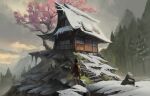  1girl backpack bag boots brown_bag brown_boots brown_hair cherry_blossoms cliff commentary_request facing_away gable_roof grass highres holding holding_staff house knee_boots original overcast ram-a rock scenery short_hair sky snow solo staff stairs stone_stairs tree 