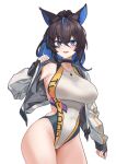  1girl :d animal_ear_fluff animal_ears aningay black_choker blue_eyes blue_hair breasts brown_hair choker commentary_request copyright_request grey_jacket groin hair_between_eyes highleg highleg_one-piece_swimsuit highres jacket korean_commentary large_breasts long_sleeves multicolored_hair one-piece_swimsuit open_clothes open_jacket pinching_sleeves ponytail puffy_long_sleeves puffy_sleeves sideboob simple_background sleeves_past_wrists smile solo swimsuit swimsuit_under_clothes two-tone_hair white_background white_one-piece_swimsuit 