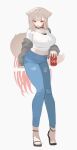  1girl animal_ears black_bra black_sandals blue_pants bra braid breasts brown_hair can coca-cola commentary_request detached_sleeves drink_can grey_sleeves highres holding holding_can huge_breasts long_hair long_sleeves midriff multicolored_hair original pants red_eyes red_streaks sandals shirt solo sorotu streaked_hair tail toes underwear very_long_hair white_shirt 