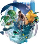  1boy abs armband artist_request badger ball beachball black_hair black_male_swimwear can crossbow dog_tags drink_can flower food fruit goggles goggles_around_neck green_armband highres holding holding_hose hose inflatable_toy innertube lime_(fruit) male_swimwear mbcc_insignia_(path_to_nowhere) multiple_scars navel no_shirt official_art on_innertube path_to_nowhere pineapple pippy_(path_to_nowhere) pool rubber_duck scar scar_on_arm scar_on_lip scar_on_shoulder scar_on_thighs soda_can swim_ring towel towel_around_neck water watermelon watermelon_slice weapon wet white_swim_trunks wolverine_(path_to_nowhere) yellow_eyes 
