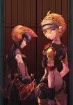  2girls aegis_(persona) android blonde_hair blue_eyes blue_hair door highres looking_at_viewer looking_back metis_(persona) multiple_girls online_neet parted_lips persona persona_3 red_eyes robot short_hair siblings sisters weapon 