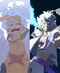  1boy closed_eyes collarbone commentary_request cowboy_shot cross_scar facing_viewer gear_fifth grin hand_on_own_forehead hat hat_on_back highres korean_commentary laughing looking_at_viewer male_focus monkey_d._luffy multiple_views one_piece onzr560 open_clothes open_mouth open_shirt pectorals purple_sash sash scar scar_on_cheek scar_on_chest scar_on_face shirt short_hair shorts smile split_screen straw_hat toned toned_male transformation upper_body white_hair white_shirt white_shorts 