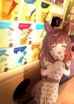  1girl ^_^ aged_down animal_ears blush brown_dress brown_hair buena_vista_(umamusume) closed_eyes dress eakon_7bit facing_viewer food hair_between_eyes highres holding holding_food holding_ice_cream horse_ears horse_girl ice_cream medium_hair multicolored_hair short_sleeves smile solo streaked_hair umamusume vending_machine white_streaks 