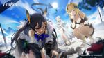  3girls absurdres alchemy_stars antenna_hair armband bangs bare_shoulders bikini bikini_skirt bikini_under_clothes bird black_bikini black_coat black_hair blonde_hair blurry blurry_foreground breasts carleen_(alchemy_stars) carleen_(sea_breeze)_(alchemy_stars) cloud coat company_name copyright_name crab dress fang fia_(alchemy_stars) flower frilled_bikini frills fur-trimmed_coat fur_trim hair_flower hair_intakes hair_ornament halo high_heels highres jacket kneeling lamppost lens_flare long_hair long_sleeves marine_day mismatched_bikini multiple_girls navel off_shoulder official_art one_eye_closed open_mouth outdoors purple_shirt sand sandals sarong see-through see-through_jacket shawl shirt short_hair skin_fang sleeveless sleeveless_dress small_breasts squatting standing sun swimsuit twintails vice_(alchemy_stars) vice_(ray_of_sunshine)_(alchemy_stars) white_dress white_hair yellow_eyes 