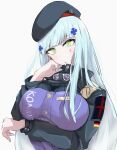  1girl bangs beret black_headwear blunt_bangs breasts facial_mark german_flag girls&#039;_frontline green_eyes hat highres hk416_(girls&#039;_frontline) large_breasts light_blue_hair long_hair long_sleeves military_jacket solo teardrop teardrop_facial_mark teardrop_tattoo upper_body user_jguc2448 