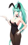  absurdres animal_ears backon bangs black_leotard bow bowtie breasts chest_jewel detached_collar fake_animal_ears fishnet_legwear fishnets green_eyes green_hair highres large_breasts leotard long_hair pantyhose playboy_bunny pneuma_(xenoblade) ponytail rabbit_ears strapless strapless_leotard swept_bangs thighhighs thighs very_long_hair wrist_cuffs xenoblade_chronicles_(series) xenoblade_chronicles_2 