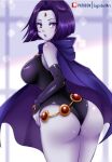  1girl arm_warmers artist_name ass bangs belt black_leotard blurry blurry_background blush breasts cape commentary dc_comics forehead_jewel hood hood_down leotard lips looking_at_viewer looking_back medium_breasts pale_skin parted_bangs purple_eyes purple_hair raven_(dc) shiny shiny_clothes shiny_hair shiny_skin short_hair signature simple_background sleeveless sugarbell teen_titans thighs 