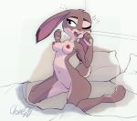  anthro bed bedding blanket breasts brown_nipples clone26 countershading disney erect_nipples female fur furniture genitals grey_body grey_fur hi_res judy_hopps kneeling lagomorph leporid long_ears mammal navel nipples nude on_bed one_eye_closed open_mouth pillow pussy rabbit small_breasts solo stretching tired waking_up yawn zootopia 