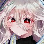  1girl 2026 :/ absurdres black_shirt blue_ribbon blush bright_pupils closed_mouth commentary dated dot_nose hair_between_eyes highres long_hair long_hair_between_eyes looking_at_viewer portrait red_eyes ribbon ribbon_around_body shi_ren_ne shirt solo touhou white_hair yuiman_asama 