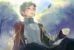  1boy cup fire_emblem fire_emblem:_three_houses fire_emblem_warriors:_three_hopes glasses green_hair highres holding holding_cup ignatz_victor male_focus outdoors sasataeko smile solo teacup tree wind 