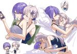  2girls absurdres alternate_costume blanket blue_eyes blue_tank_top cellphone closed_eyes dreaming drooling eating egg highres holding holding_phone hololive hololive_indonesia hug hug_from_behind looking_at_another moona_hoshinova multiple_girls parted_lips pavolia_reine phone pillow pink_hair purple_eyes purple_hair purple_tank_top short_hair sleeping smartphone smile sweat symbol-only_commentary tank_top thought_bubble virtual_youtuber white_background yomosaka yuri 