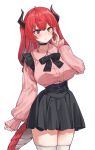  1girl aningay black_bow black_choker black_skirt blush bow braid breasts choker collared_shirt commentary_request dragon_girl dragon_horns dragon_tail dress_shirt hand_up heterochromia highres horns indie_virtual_youtuber korean_commentary lapis_(vtuber) large_breasts long_hair long_sleeves parted_lips pink_shirt pleated_skirt puffy_long_sleeves puffy_sleeves red_eyes red_hair shirt simple_background skindentation skirt sleeves_past_wrists solo tail thighhighs virtual_youtuber white_background white_thighhighs yellow_eyes 