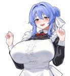  1girl aningay apron black_dress blush bow breasts collared_dress commentary_request copyright_request dress hair_between_eyes hair_bow hair_bun hair_intakes half-closed_eyes highres juliet_sleeves korean_commentary large_breasts long_sleeves looking_at_viewer maid maid_apron open_mouth orange_eyes puffy_sleeves red_bow short_eyebrows simple_background solo thick_eyebrows white_apron white_background white_bow 