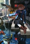  1girl absurdres animage animal_on_arm anime_coloring ankle_boots arm_support artist_name bird bird_on_arm black_dress blue_bow blue_jacket boots bow braid brown_boots brown_hair building concrete copyright_name copyright_notice day dress eagle full_body hair_bow half_up_braid highres holding jacket kamigori_ubu landing long_hair looking_at_animal magazine_scan official_art on_ground outdoors red_eyes reflection reflective_liquid scan shade sitting solo sunlight third-party_source twin_braids umetsu_yasuomi virgin_punk water 
