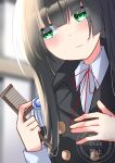  1girl absurdres brushing_hair close-up closed_mouth dmc_tales2006 epaulettes green_eyes hair_brush heaven_burns_red highres holding holding_hair_brush long_hair looking_to_the_side military_uniform natsume_inori single_epaulette upper_body 