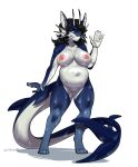  absurd_res anseriform anthro avian big_breasts bird blue_body blue_eyes blue_skin breasts cmitchell female flipper_(disambiguation) genitals hi_res horn hyper nipples nude pussy simple_background slime solo standing white_background 