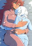  2girls akutsu_(demodori) blue_eyes blue_pants blue_shirt closed_eyes commentary_request cuddling gundam gundam_suisei_no_majo hug jewelry long_hair miorine_rembran multiple_girls on_bed one_eye_closed pajamas pants parted_lips pillow pink_pants pink_shirt red_hair ring scar scar_on_face scar_on_hand shirt sleeping suletta_mercury thick_eyebrows wedding_ring white_hair wife_and_wife yuri 