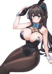  1girl animal_ears aningay arm_up bare_shoulders black_hairband black_leotard blue_bow blue_eyes bow breasts brown_hair brown_pantyhose butterfly_hair_ornament collar commentary_request covered_navel detached_collar fake_animal_ears feet_out_of_frame hair_intakes hair_ornament hairband hand_on_own_ear highres indie_virtual_youtuber keyhole korean_commentary large_breasts leotard long_hair pantyhose parted_lips playboy_bunny podochan_(vtuber) ponytail rabbit_ears simple_background sitting solo very_long_hair virtual_youtuber white_background white_collar wing_collar wrist_cuffs 