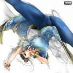  1girl artist_name blue_pants bracelet breasts brown_hair cai-man chinese_clothes chun-li earrings eyeshadow fighting_stance hair_ribbon highres jewelry large_breasts lipstick makeup pants pearl_earrings red_eyeshadow ribbon simple_background solo spinning_bird_kick street_fighter street_fighter_6 tight tight_pants watermark white_background yellow_ribbon 
