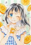  1girl :q black_hair blue_eyes blue_shirt commentary_request cup drink drinking_straw food fruit gingham_shirt hands_up holding holding_cup holding_drinking_straw juice looking_at_viewer medium_hair morisawa_kyouko one_eye_closed orange_(fruit) orange_juice orange_slice original painting_(medium) shirt sleeveless sleeveless_shirt solo striped_background tongue tongue_out traditional_media upper_body vertical-striped_background water_drop watercolor_(medium) 