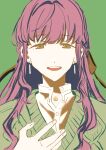  1girl :d black_ribbon braid collared_shirt commentary earrings green_background green_eyes green_sweater hair_ribbon half_up_braid highres jewelry link!_like!_love_live! looking_at_viewer love_live! necklace open_mouth otomune_kozue portrait purple_hair ribbon shirt simple_background smile solo sweater teeth untranslatable_commentary upper_teeth_only virtual_youtuber white_shirt zuisetsu 