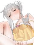  1girl arril100 bare_shoulders bow_camisole breasts camisole collarbone covered_nipples from_below grey_eyes grey_hair hair_between_eyes hair_ornament hair_over_eyes hair_scrunchie half-closed_eyes highres long_hair looking_at_viewer looking_down medium_breasts monogatari_(series) nipples no_bra oikura_sodachi open_mouth owarimonogatari pajamas scrunchie see-through_camisole see-through_clothes see-through_shirt shirt simple_background sitting solo strap_slip twintails white_background white_scrunchie yellow_camisole yellow_pajamas 