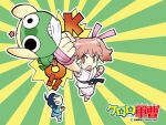  alien black_eyes black_hair brown_eyes copyright_name dougi fingerless_gloves frog full_body gloves green_background hachimaki hat headband hinata_fuyuki hinata_natsumi keroro keroro_gunsou long_hair official_art official_wallpaper parody pink_hair short_hair simple_background star_(symbol) street_fighter yellow_background yoshizaki_mine 