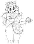  1girl animal_ears apron bare_shoulders bear_ears bear_girl blush bow breasts cake cake_slice closed_mouth collarbone commentary cropped_legs curvy english_commentary food food_on_body food_on_breasts food_on_face fork frilled_apron frilled_bracelet frills groin hair_bow hands_up holding holding_cake holding_food holding_fork holding_plate kumako_(poch4n) large_breasts looking_at_viewer maid_headdress medium_hair monochrome multiple_hair_bows naked_apron original plate poch4n pussy pussy_peek ribbon sideboob solo standing sweatdrop thick_eyebrows thick_thighs thighs wavy_mouth white_background 