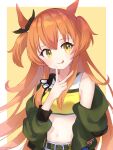  1girl animal_ears belt blush bomber_jacket bow breasts brown_ribbon closed_mouth commentary_request comomo crop_top dog_tags ear_bow ear_ribbon green_belt green_jacket highres horse_ears horse_girl jacket long_hair long_sleeves looking_at_viewer mayano_top_gun_(scramble_zone)_(umamusume) mayano_top_gun_(umamusume) midriff navel open_clothes open_jacket orange_hair ribbon shirt shorts simple_background small_breasts smile solo tongue tongue_out two_side_up umamusume v white_shorts yellow_shirt 