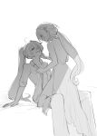  2girls ahoge back backless_dress backless_outfit barefoot breasts bvbu commentary dress elf elysia_(honkai_impact) english_commentary feet greyscale hand_on_another's_cheek hand_on_another's_face high_ponytail highres honkai_(series) honkai_impact_3rd kiana_kaslana kiana_kaslana_(herrscher_of_flamescion) looking_at_another monochrome multiple_girls naked_shirt pointy_ears ponytail shirt smile soles toes twitter_username yuri 