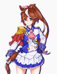  1girl absurdres animal_ears ascot asymmetrical_gloves black_gloves blue_eyes blush breasts brown_hair buttons cape closed_mouth double-breasted eight_(rrsw4433) epaulettes gloves hair_between_eyes high_ponytail highres holding_own_tail horse_ears horse_girl horse_tail jacket long_hair long_sleeves looking_at_viewer mismatched_gloves multicolored_hair multicolored_jacket pink_ascot ponytail red_cape simple_background single_epaulette single_hair_streak skirt small_breasts smile solo streaked_hair tail tokai_teio_(peak_joy)_(umamusume) tokai_teio_(umamusume) two-tone_hair two-tone_jacket two-tone_skirt umamusume white_gloves white_hair white_jacket white_skirt white_streaks 